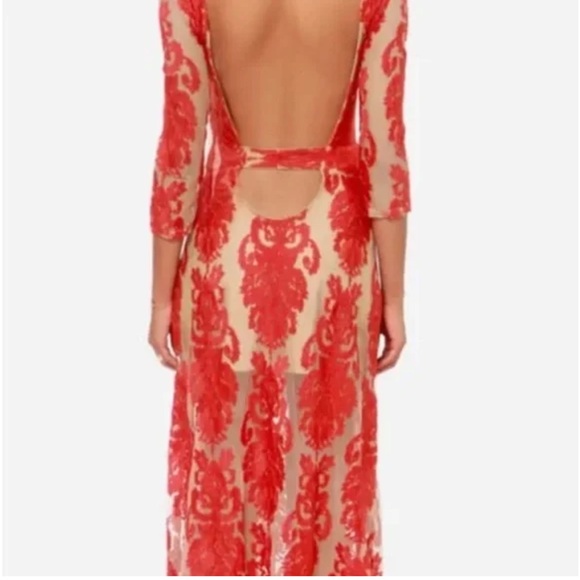 For Love and Lemons San Marcos Embroidered Lace Print Open Back Maxi Dress Red - Picture 3 of 10